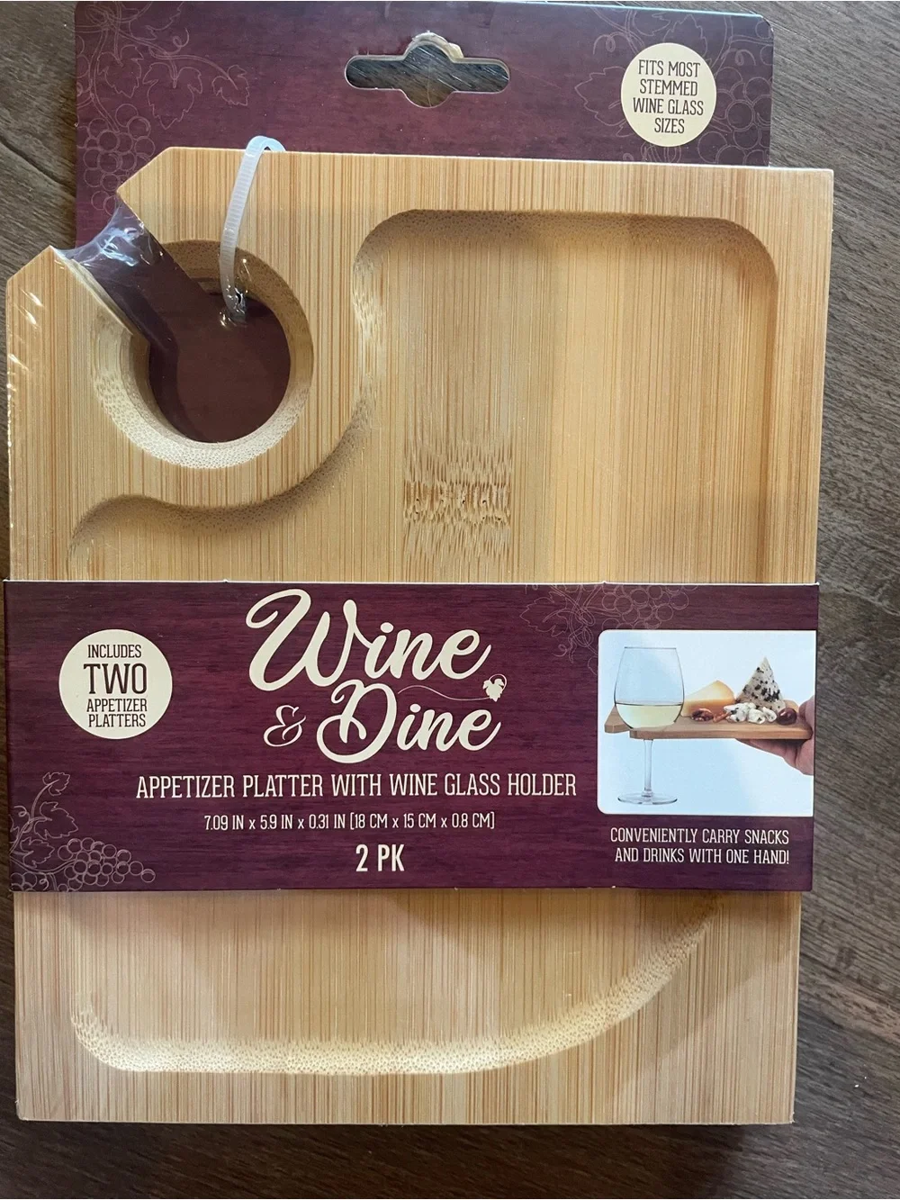 Evriholder Bamboo Appetizer Platter with Wine Glass Slot - Natural